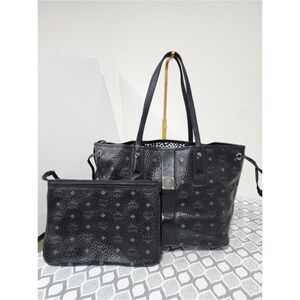 Authentic MCM Visetos Medium Liz Reversible Shopper Tote/Pochette Black